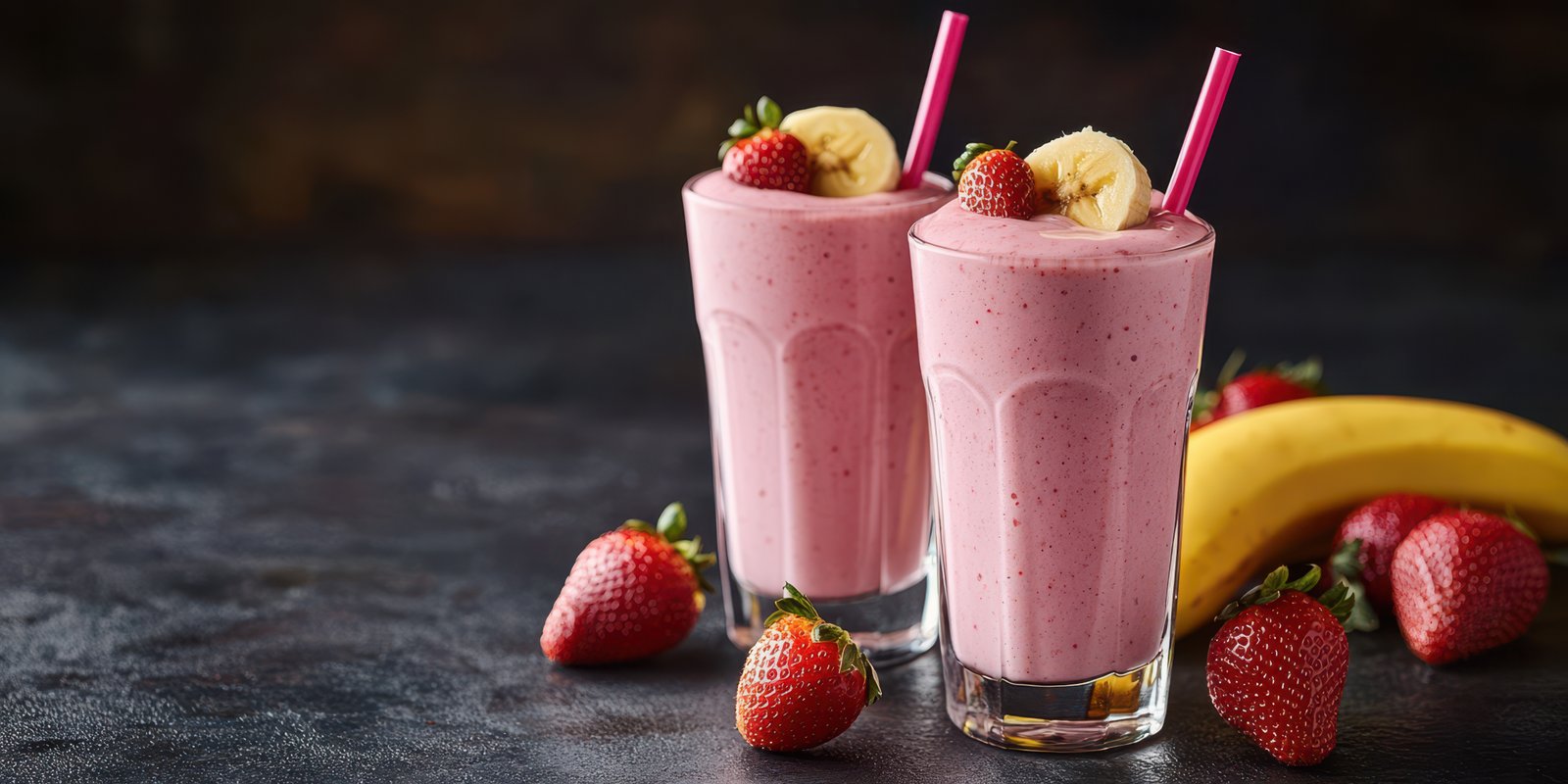 Refreshing strawberry banana smoothies served in tall glasses with fresh strawberries and banana slices around them in a dark setting